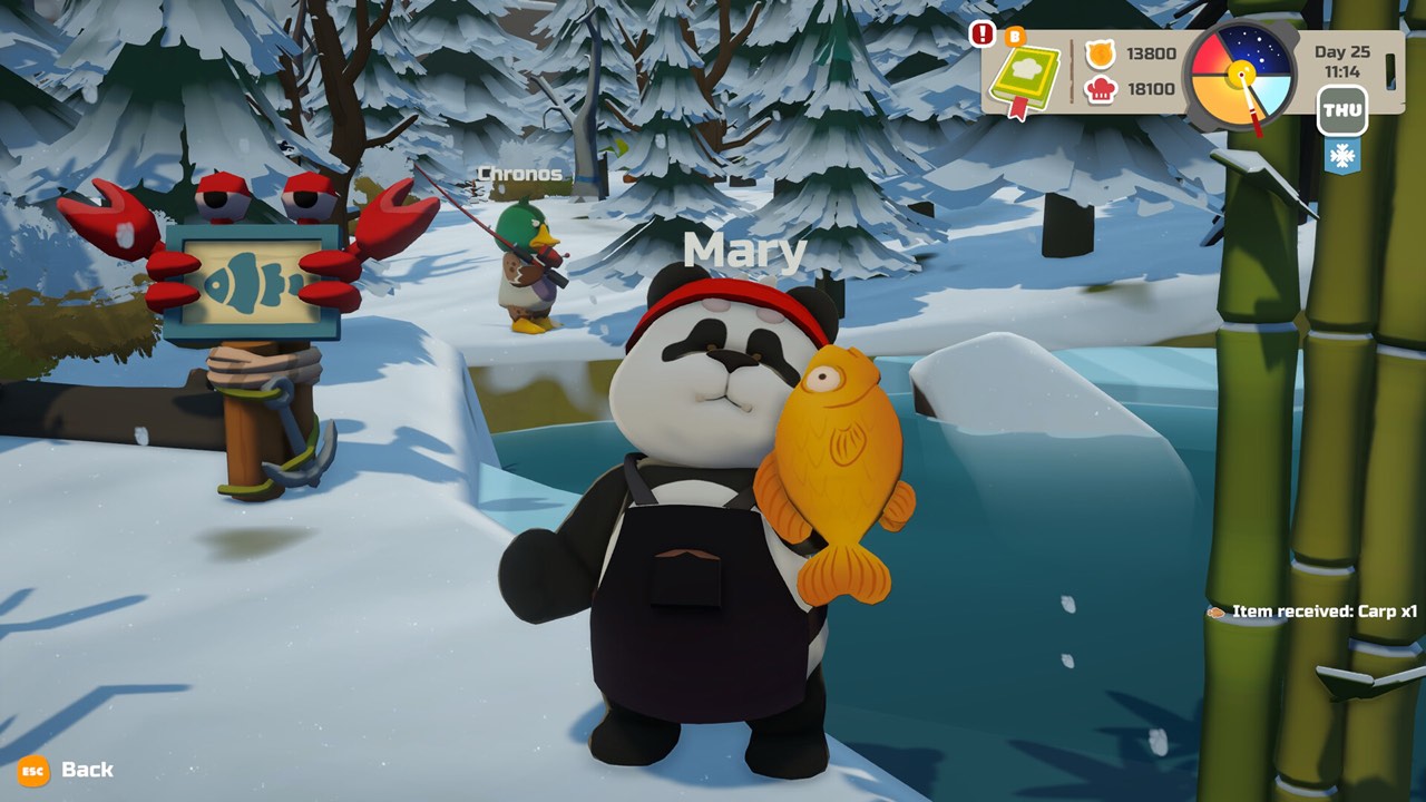 A panda chef holding a freshly caught fish beside a frozen lake in an official PAO PAO screenshot